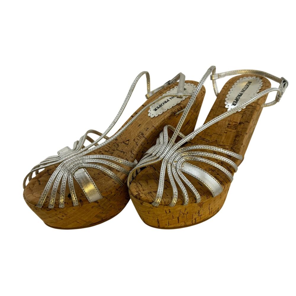 BOSTON PROPER Metallic Silver Satin Cork Wedge Platform Sandals Heels Y2k 90s